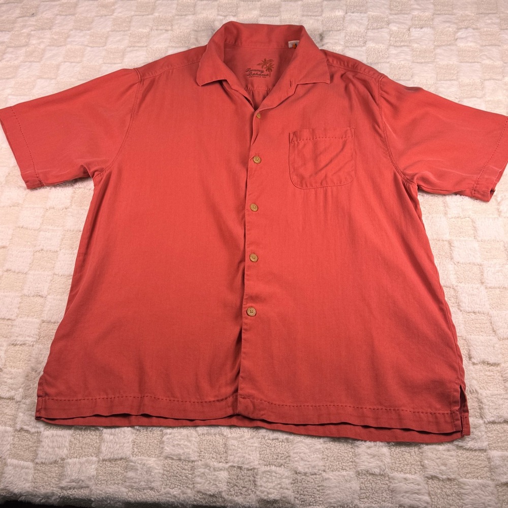 Tommy Bahama Mens Large 100% Silk‎ Herringbone Camp Shirt Coral Short Sleeve L